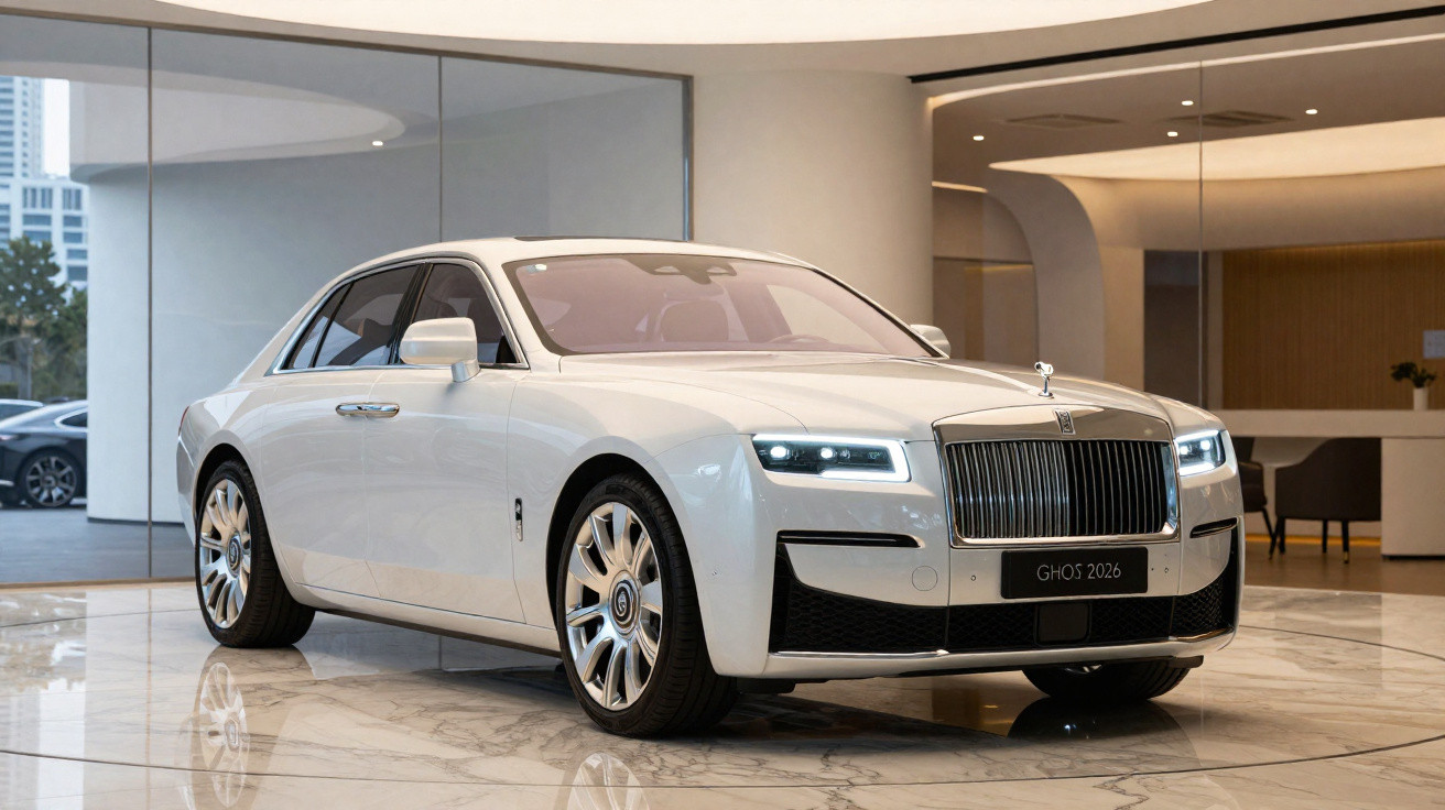 Carro Rolls-Royce Ghost 2026 branco em showroom moderno com piso de mármore.