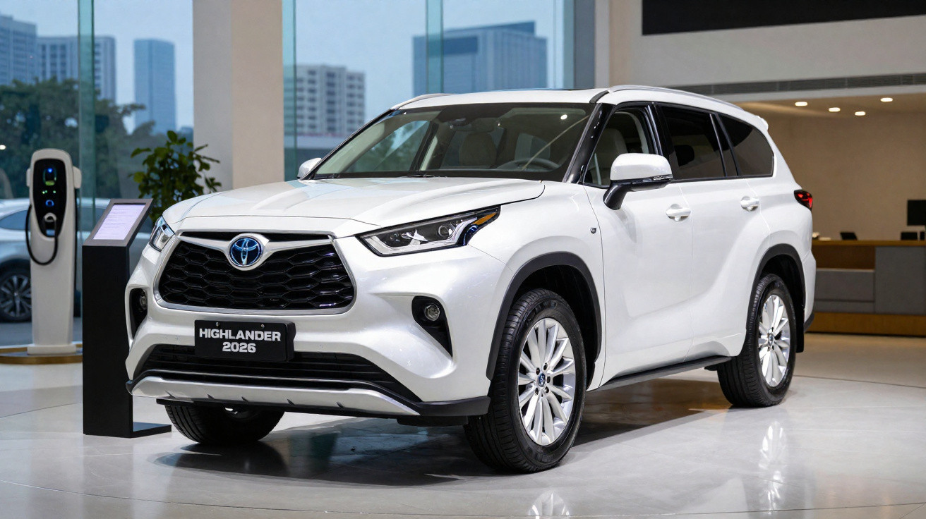 Toyota Highlander 2026 branco exposto numa sala moderna com janelas grandes e edifícios ao fundo.