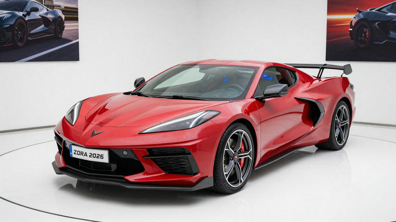 Carro desportivo vermelho com spoiler traseiro, exposto em fundo branco num espaço interior.