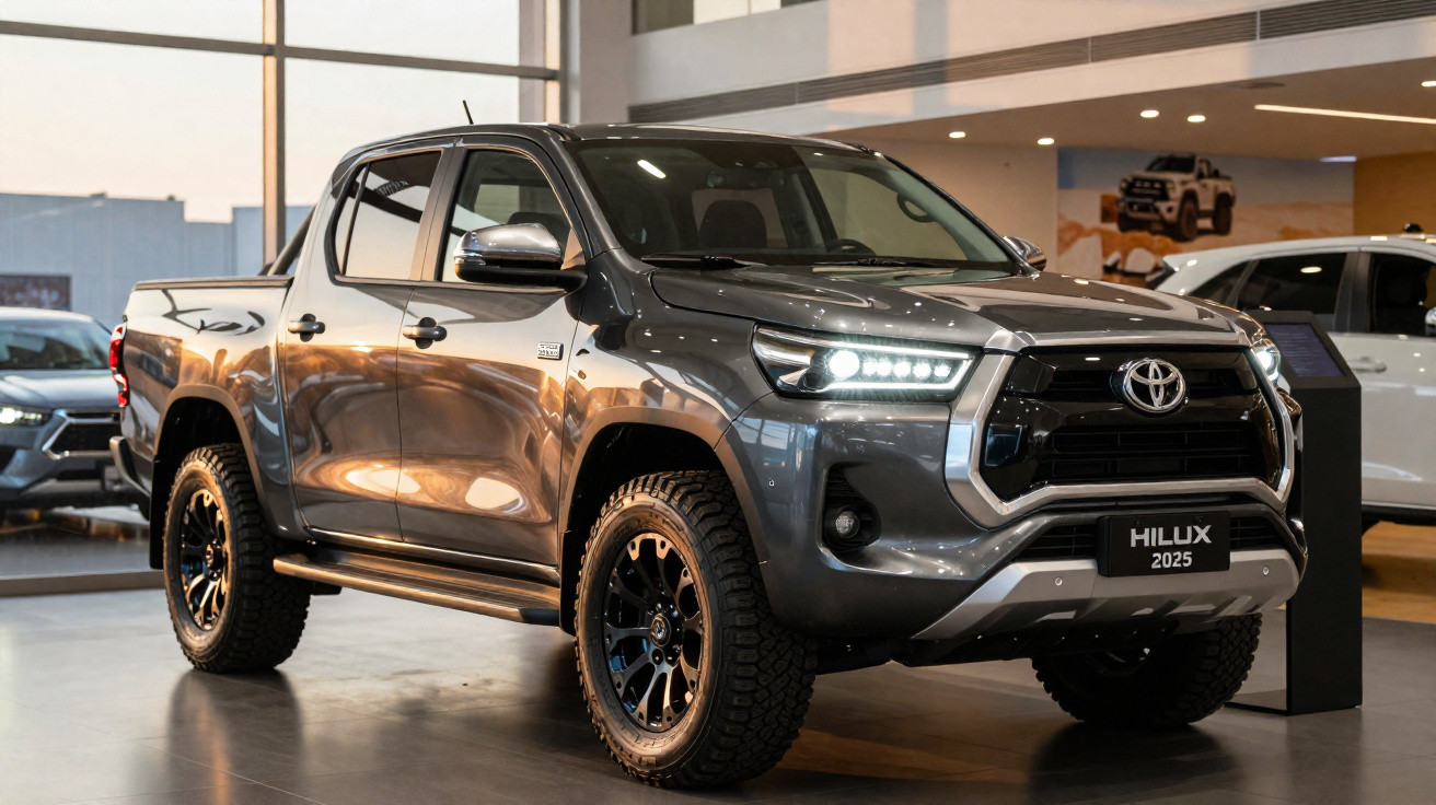 Toyota Hilux 2025 cinzenta exposta num concessionário com luzes dianteiras acesas.