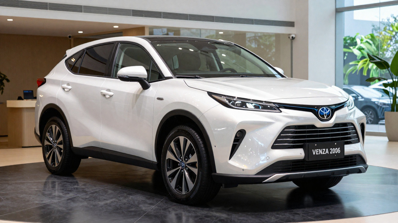 Carro Toyota Venza 2026 branco estacionado em showroom moderno, com janelas amplas e iluminação natural.