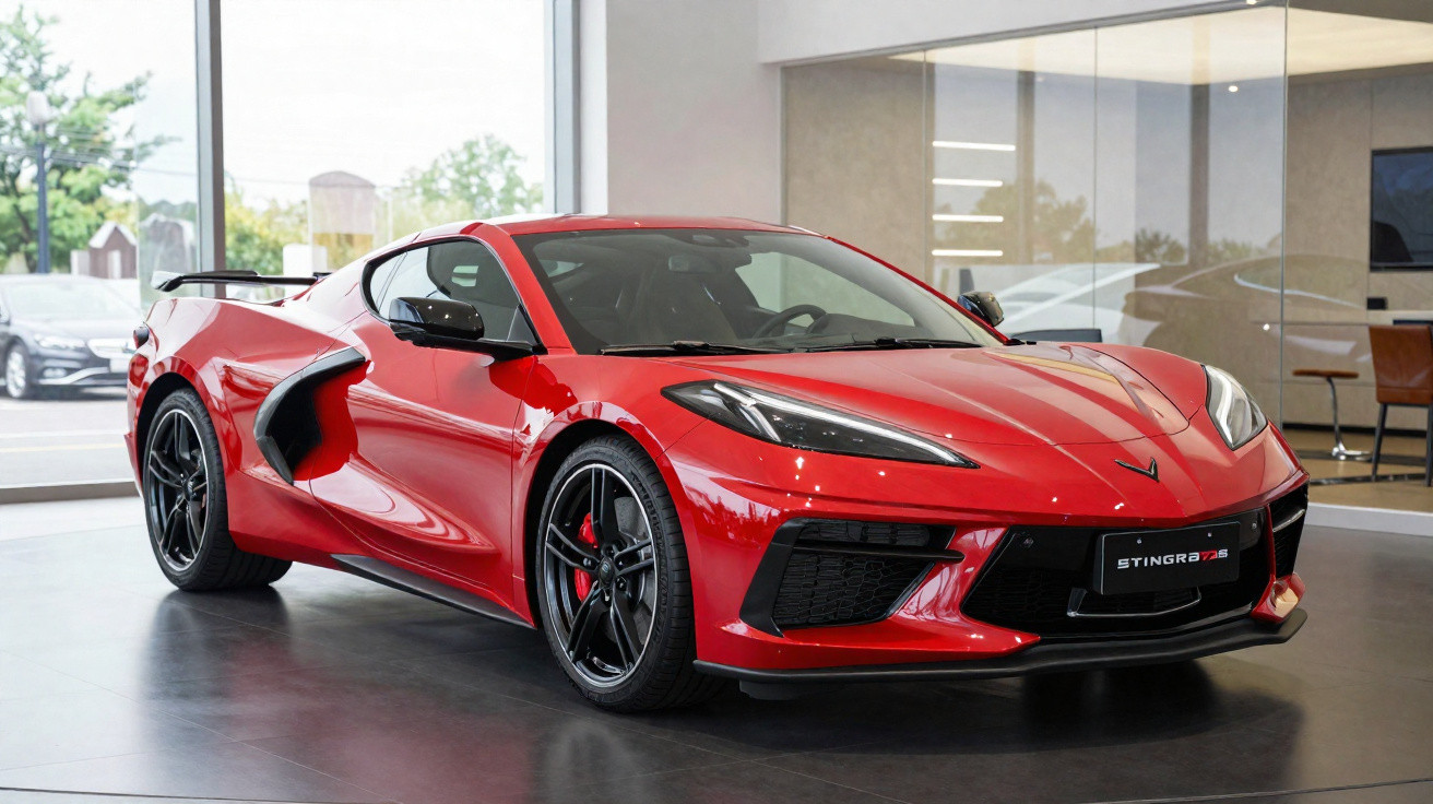 Carro desportivo vermelho Chevrolet Corvette Stingray GT em exposição num showroom moderno.