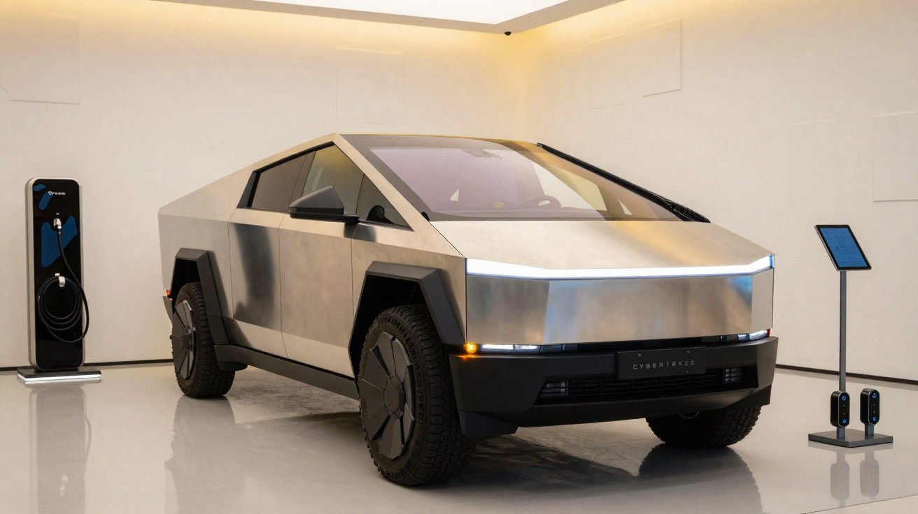 Veículo eléctrico Tesla Cybertruck prateado num espaço interior com estação de carregamento e ecrã informativo.