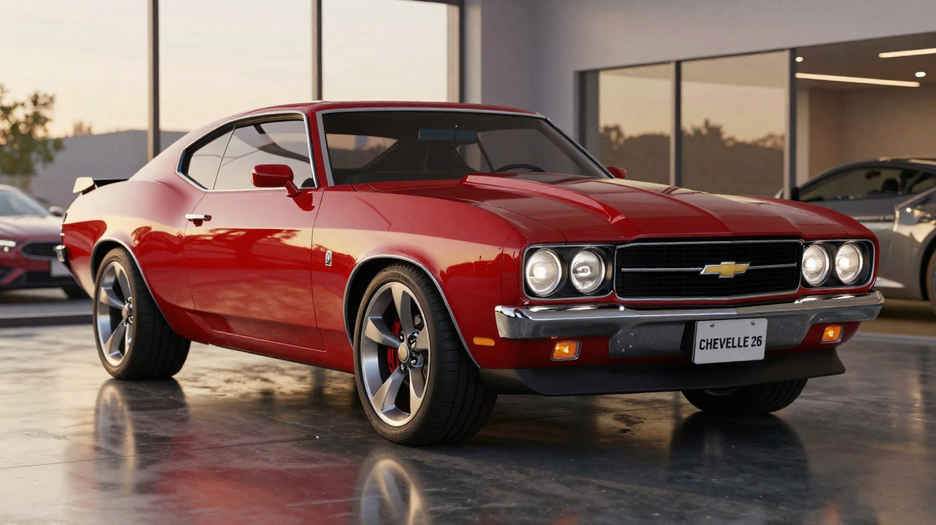 Carro clássico vermelho Chevrolet Chevelle 26 estacionado num chão brilhante junto a uma casa moderna.