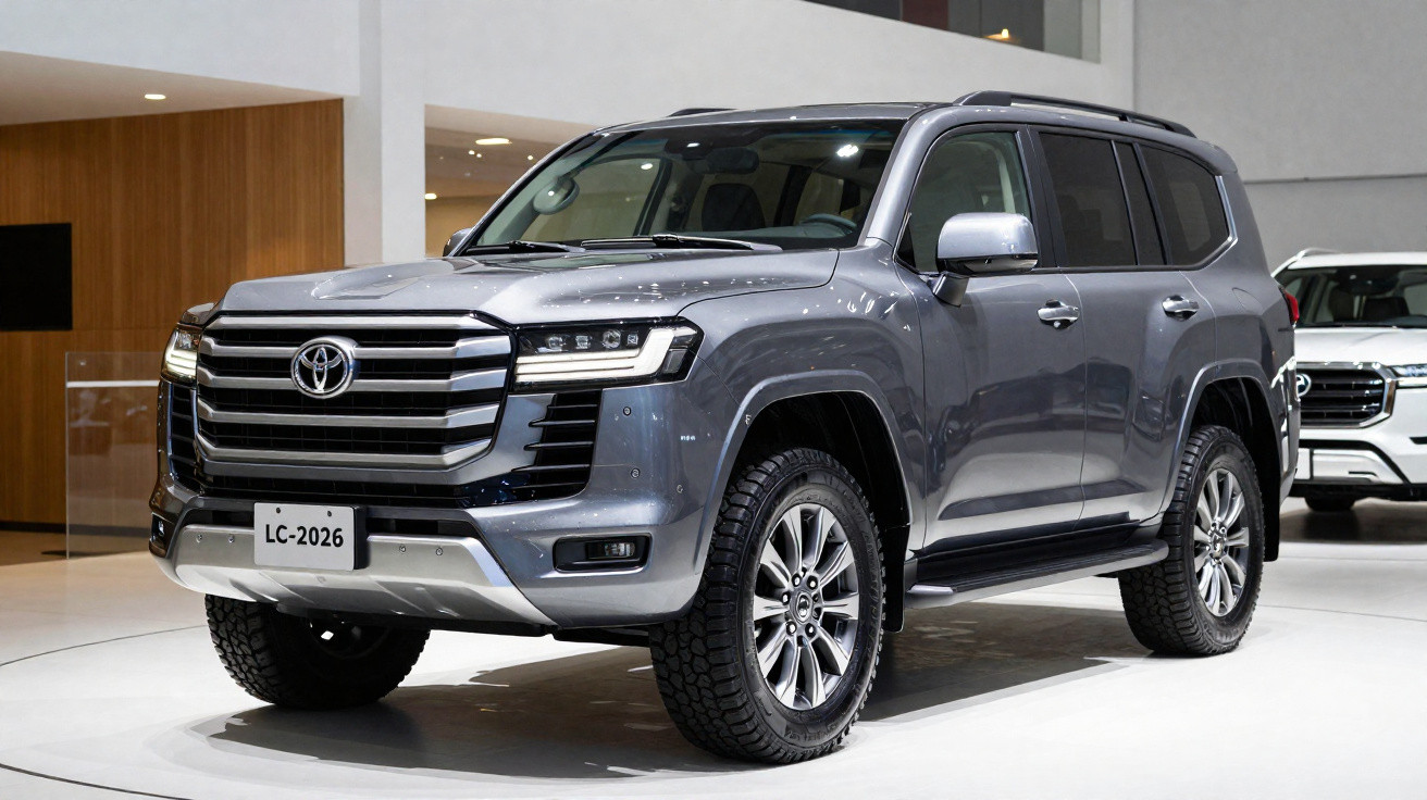SUV Toyota Land Cruiser cinza estacionado em salão automóvel com iluminação interior.