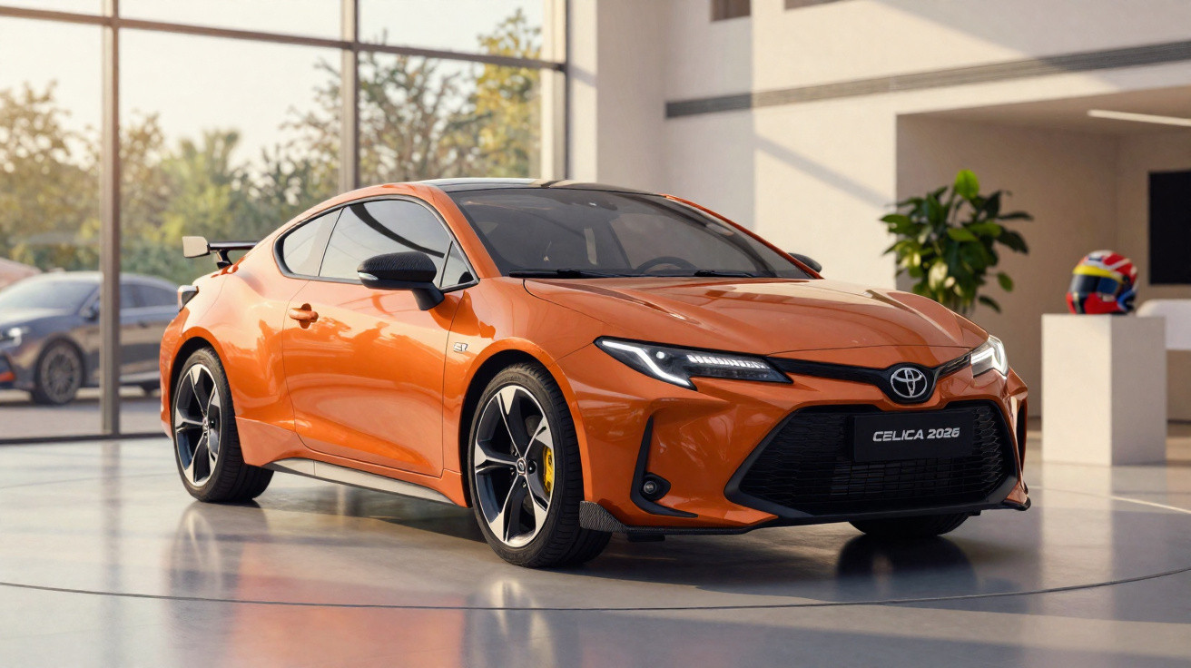 Carro desportivo Toyota Celica 2026 laranja estacionado num salão moderno com grandes janelas.