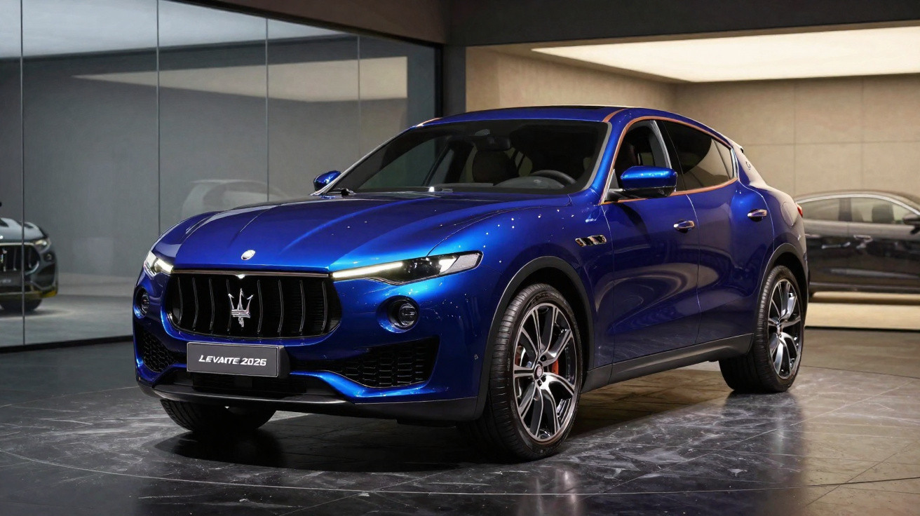 Automóvel SUV azul Maserati Levante 2026 estacionado numa sala moderna com paredes de vidro.