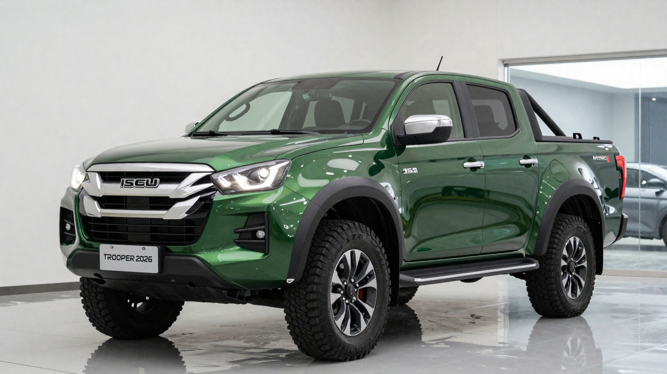 Pick-up verde metálico Isuzu Trooper 2026 em exposição interior com rodas robustas e elevada.