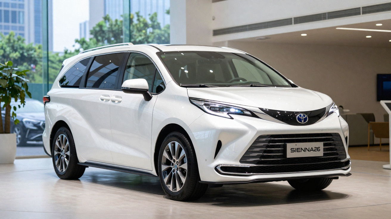 Carro branco Toyota Sienna 2023 em exposição num salão de automóveis moderno.