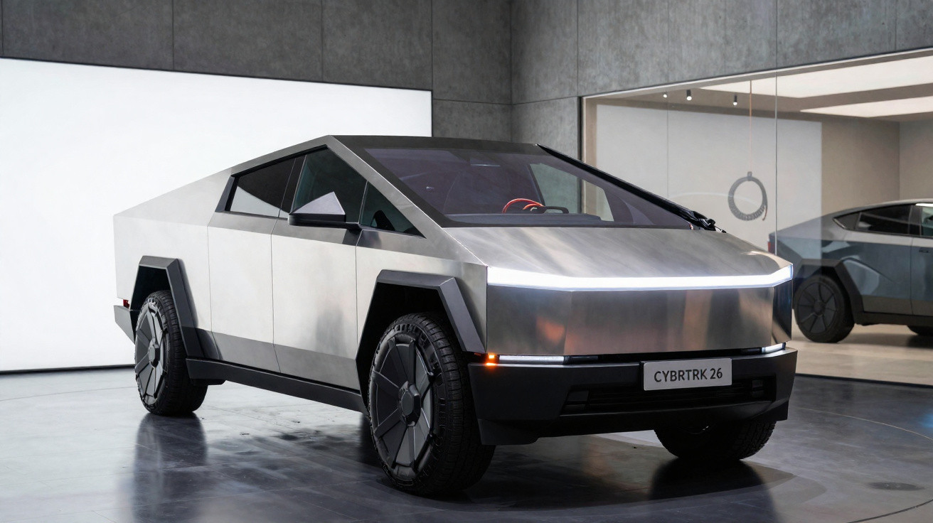 Veículo elétrico Tesla Cybertruck com design angular e luz dianteira contínua, exibido em interior moderno.