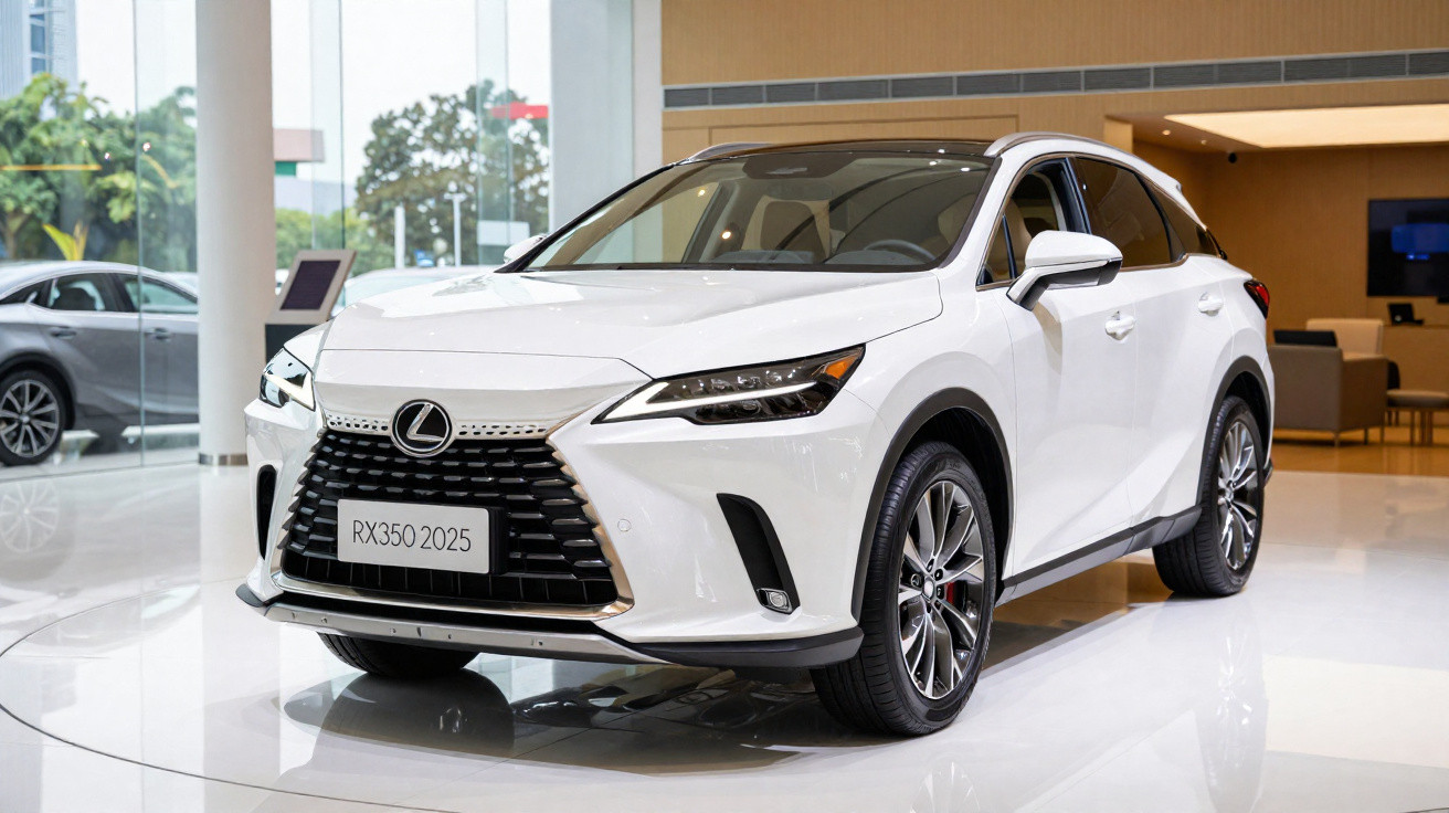 Carro branco Lexus RX350 2025 exposto em showroom moderno com piso brilhante e paredes amarelas.