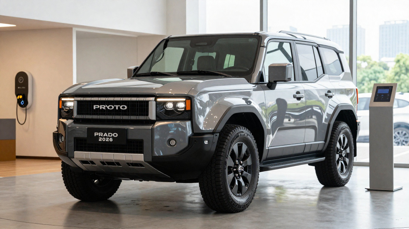 Carro elétrico SUV cinzento Proto Prado 2026 apresentado num showroom moderno com carregador na parede.
