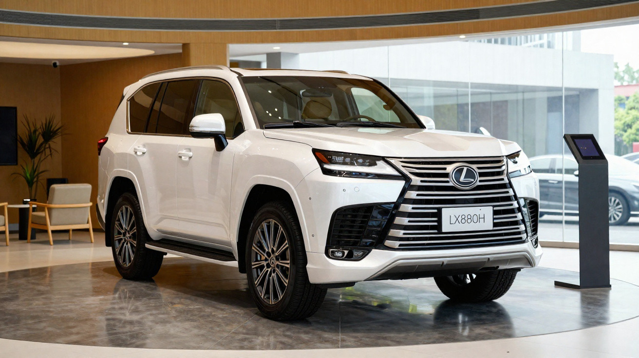 SUV Lexus LX880H branco exposto numa sala de showroom moderna com vidros grandes e mobiliário em madeira.