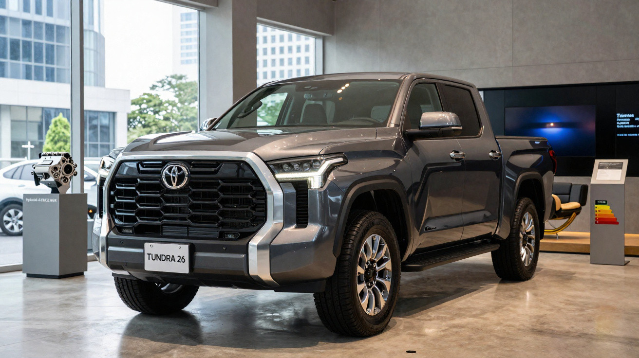 Picape Toyota Tundra 26 cinza estacionada em exposição num espaço interior moderno.