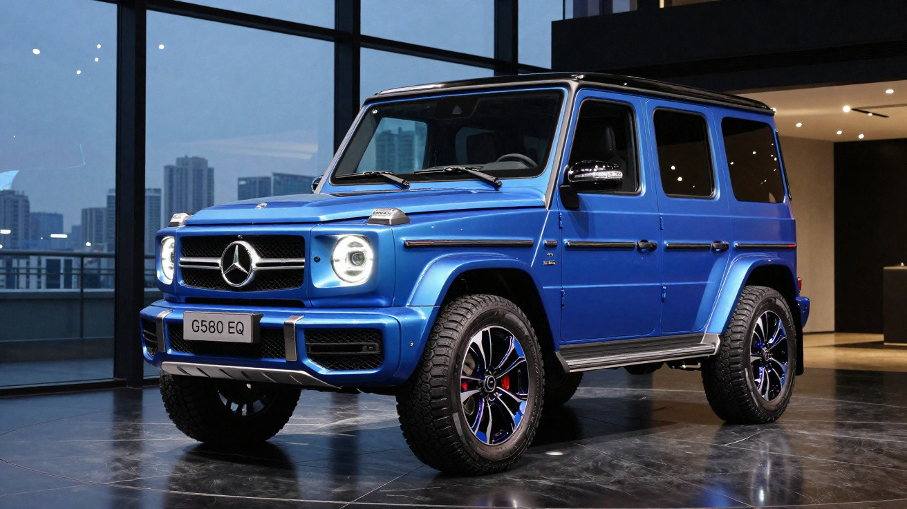 Mercedes-Benz G580 EQ azul estacionado em salão moderno com janelas amplas e cidade ao fundo.