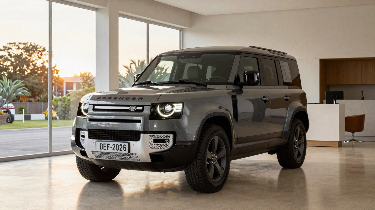 Carro SUV Land Rover Defender cinzento estacionado em espaço interior com janelas grandes e luz natural.