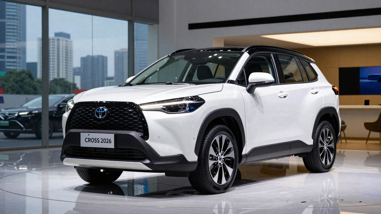 Veículo SUV Toyota Cross 2026 branco exibido em ambiente interior moderno com grandes janelas e edifícios ao fundo.