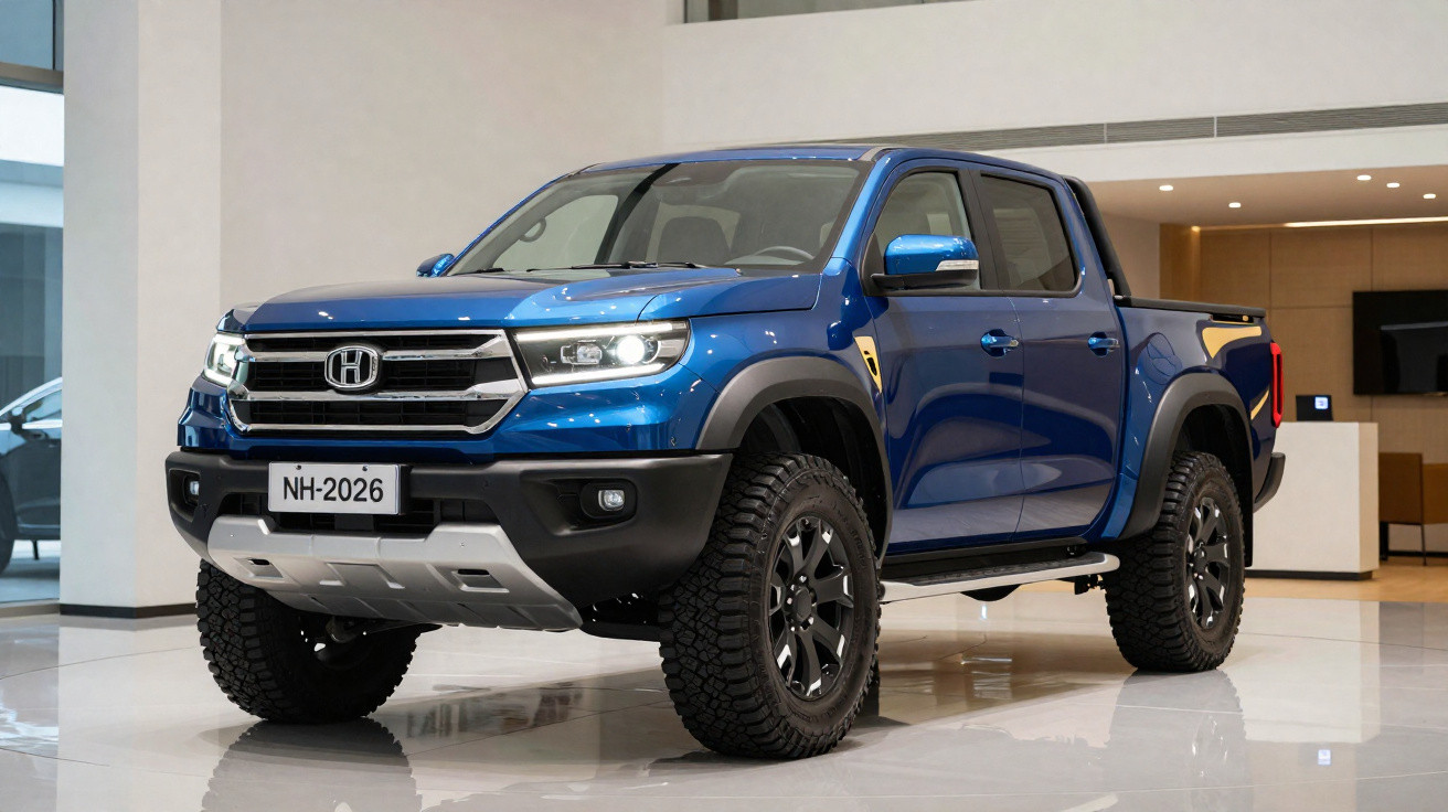 Picape Honda azul escuro estacionada no interior de uma sala com chão brilhante.