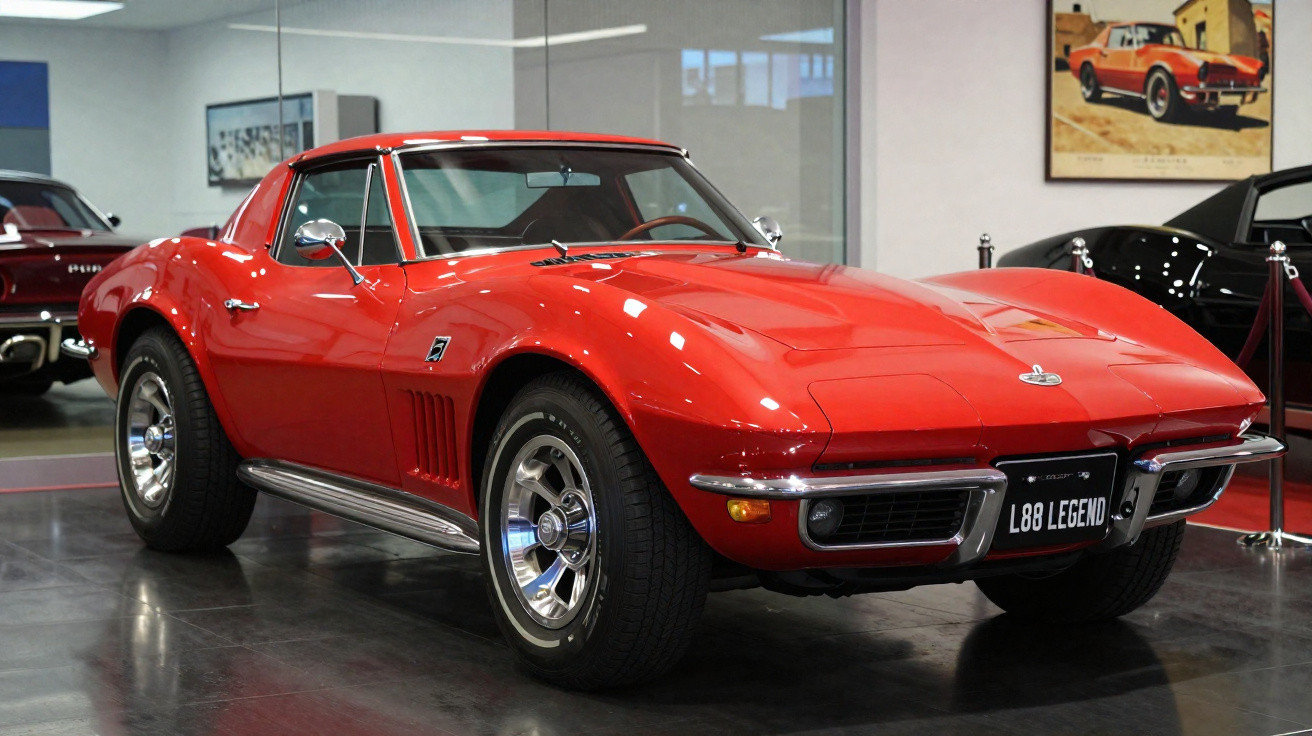 Carro desportivo clássico vermelho, Chevrolet Corvette, em exibição num salão com piso refletor.