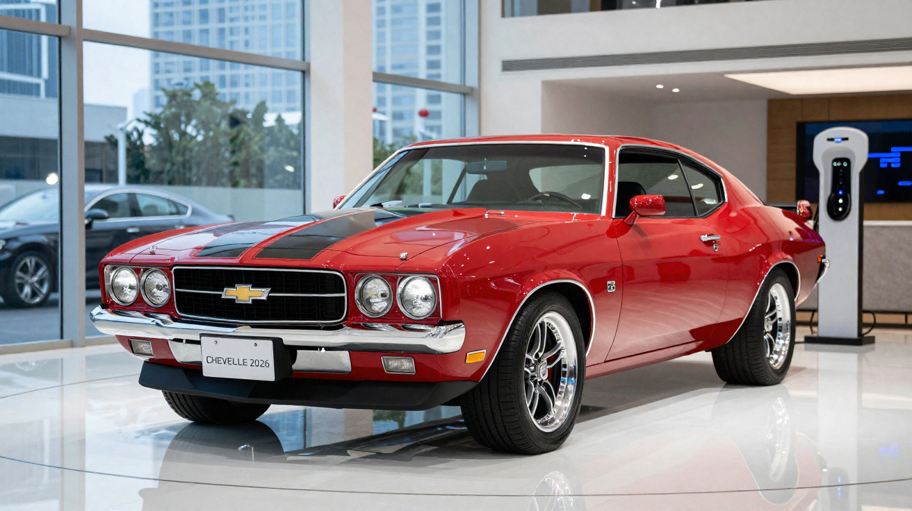 Carro desportivo vermelho Chevrolet Chevelle 2026 exposto em salão com pneus desportivos e riscas negras no capot.