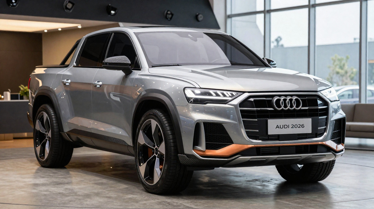 Carro Audi cinzento model 2026 exposto em showroom moderno com grandes janelas.