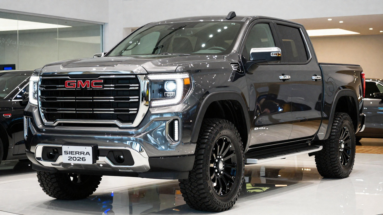 Picape GMC Sierra 2026 cinzenta exposta em showroom com pneus robustos e faróis LED.