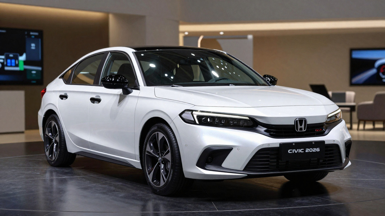 Carro branco Honda Civic 2026 em exibição num espaço interior moderno.
