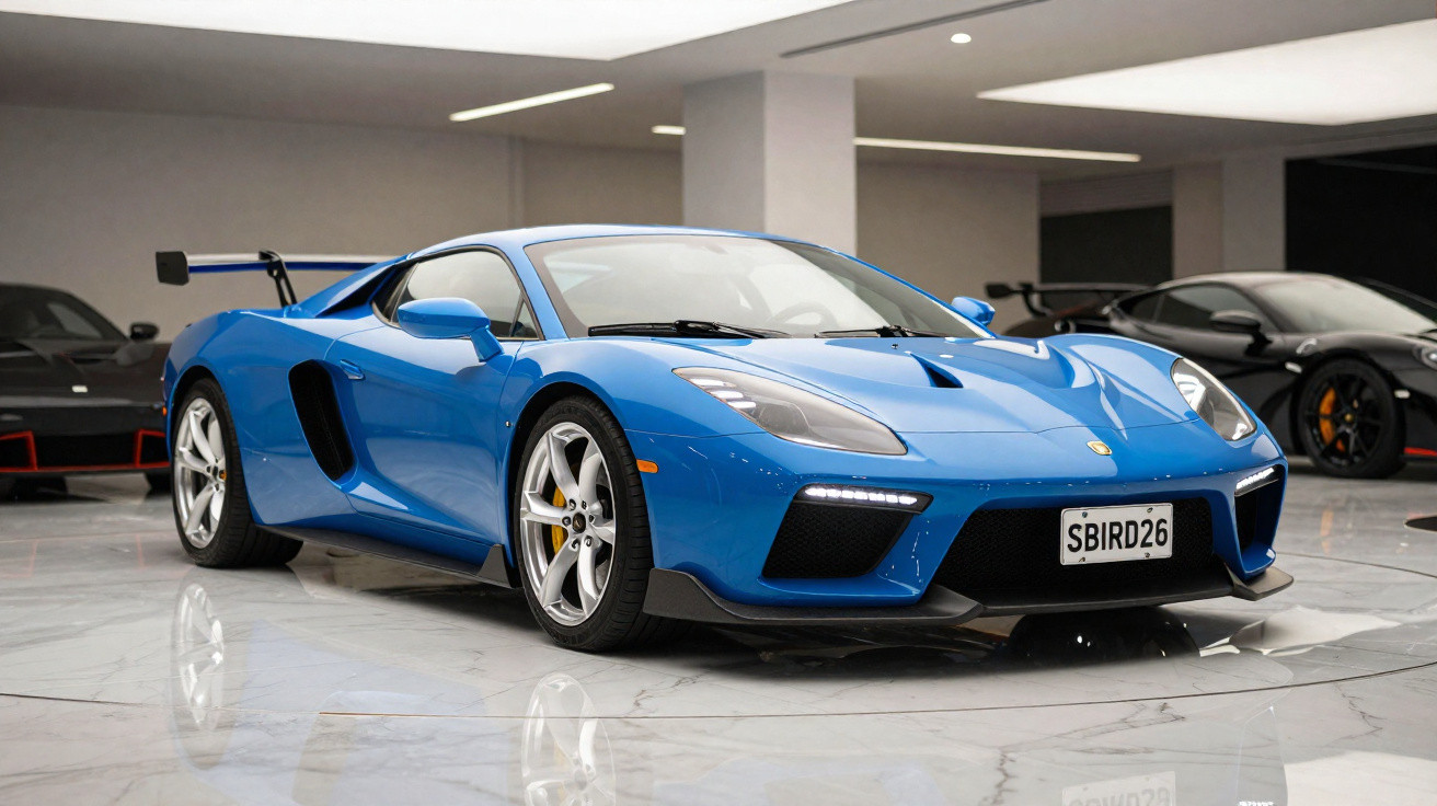 Carro desportivo azul brilhante com spoiler traseiro, estacionado em chão de mármore, interior moderno e outros carros ao fun