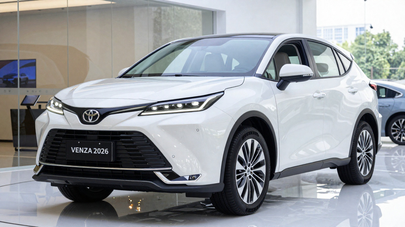 Carro Toyota Venza 2026 branco, SUV, exposto em ambiente moderno e iluminado.