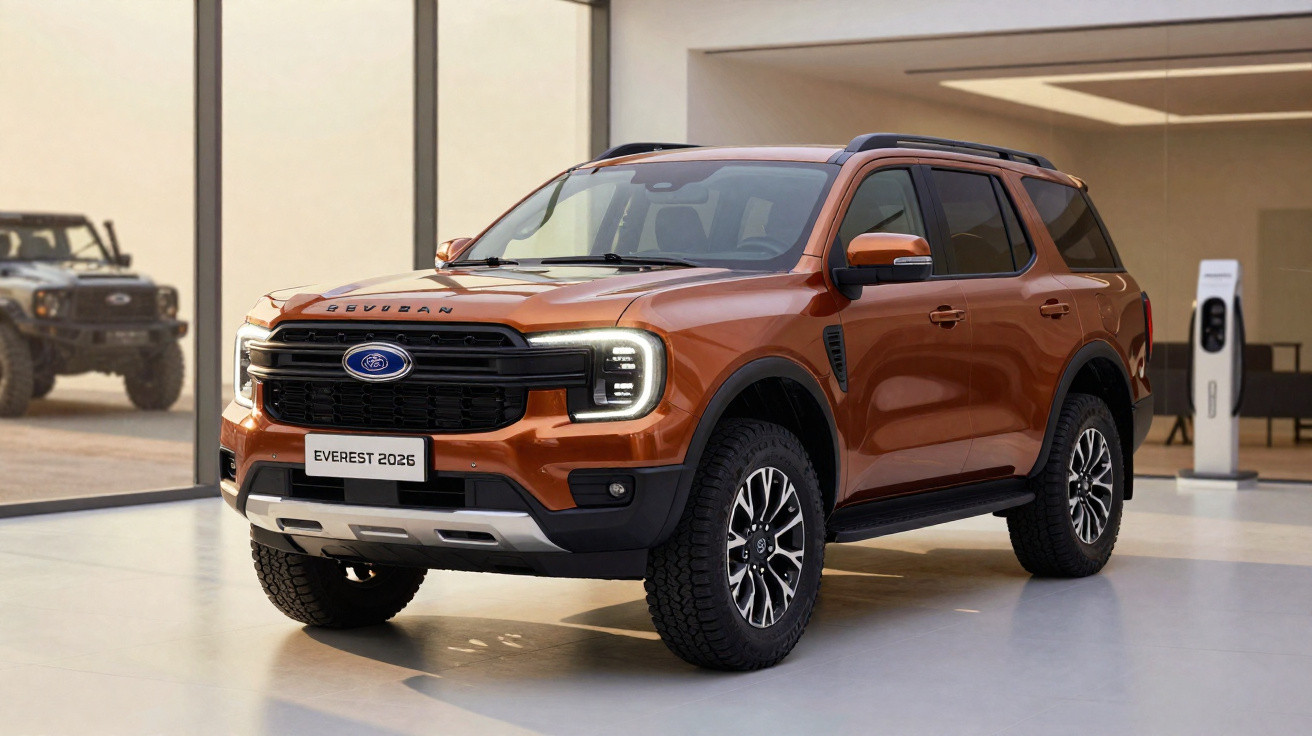SUV Ford Everest 2025 laranja com design robusto, faróis LED e roda de liga leve, exibido em showroom moderno.
