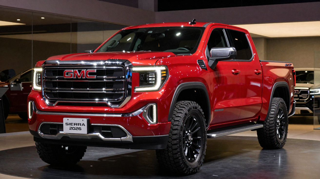 Picape vermelha GMC Sierra 2026 exibida em salão automóvel, vista frontal direita.