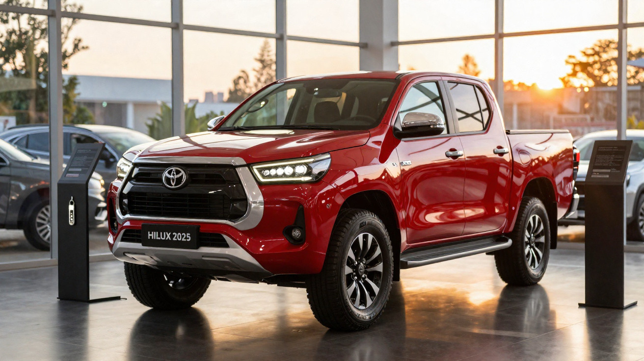 Picape Toyota Hilux 2025 vermelha apresentada numa sala de exposição com luz natural ao pôr-do-sol.