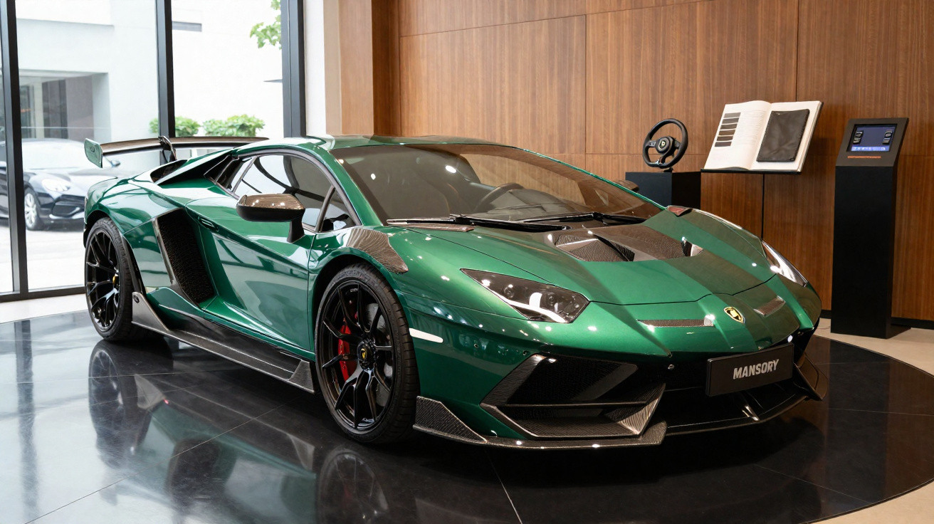 Carro desportivo verde metálico com detalhes em fibra de carbono em exposição numa sala moderna.