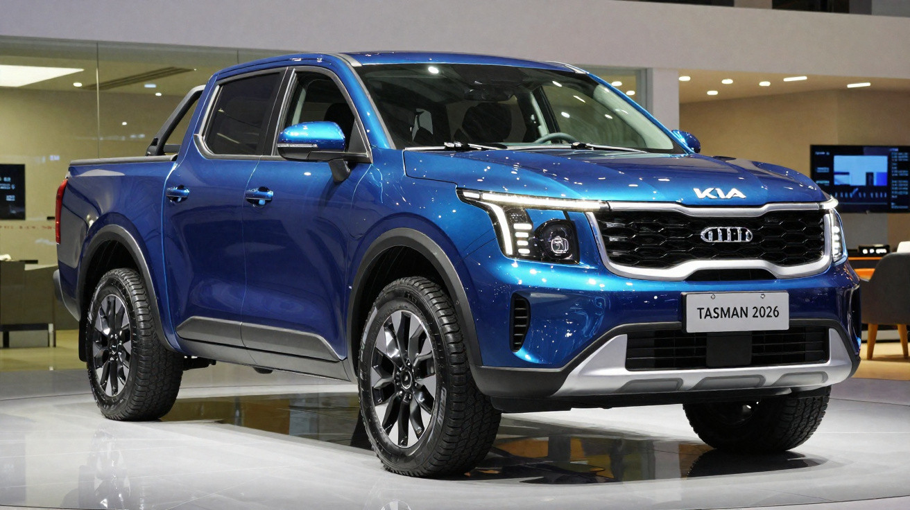 Picape azul Kia Tasman 2026 exibida em salão de automóveis moderno.