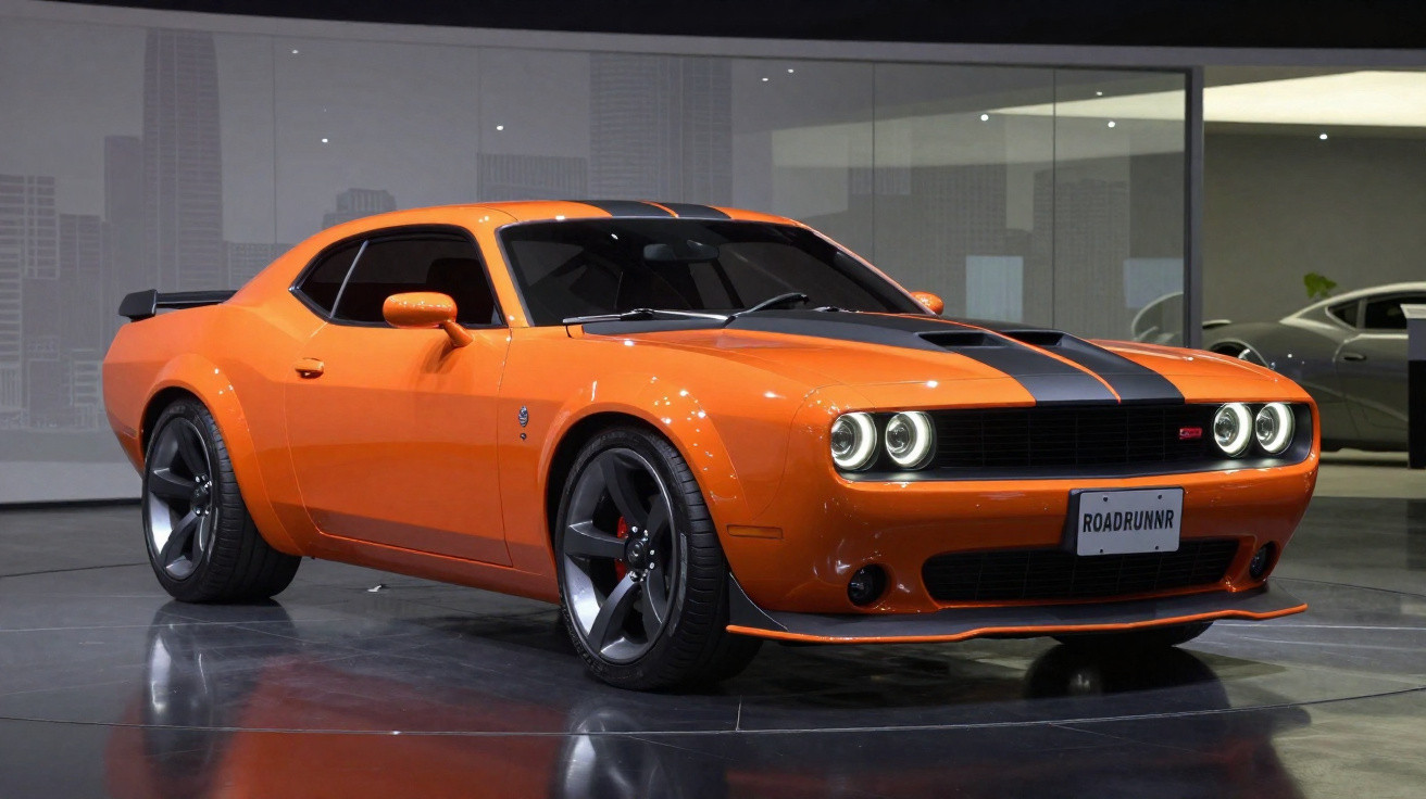 Carro desportivo laranja com riscas pretas no capô, rodas grandes e faróis dianteiros acesos em exposição interior.