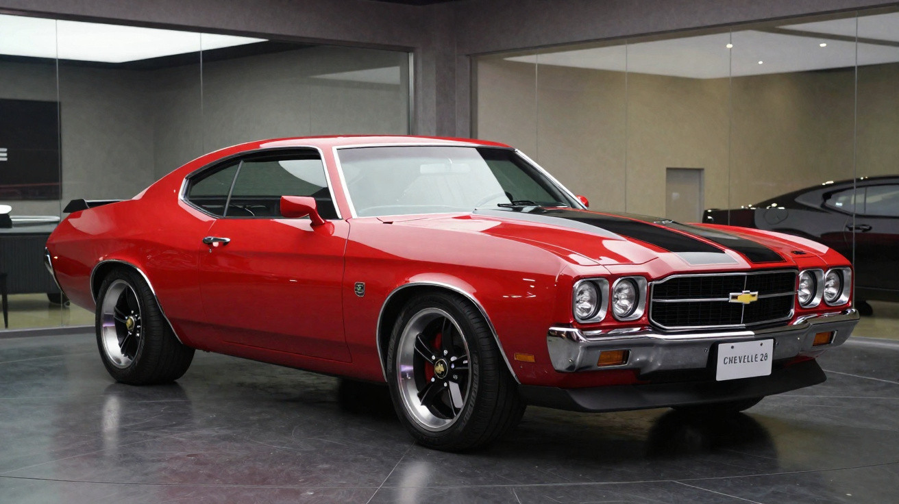 Carro clássico Chevrolet Chevelle vermelho com faixa preta, estacionado num interior moderno e iluminado.
