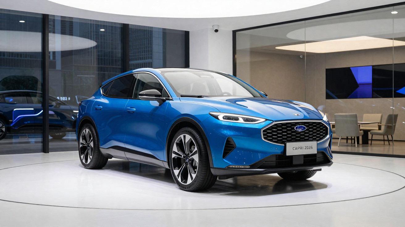 Carro elétrico Ford Capri 2026 azul exibido em showroom moderno com paredes de vidro.