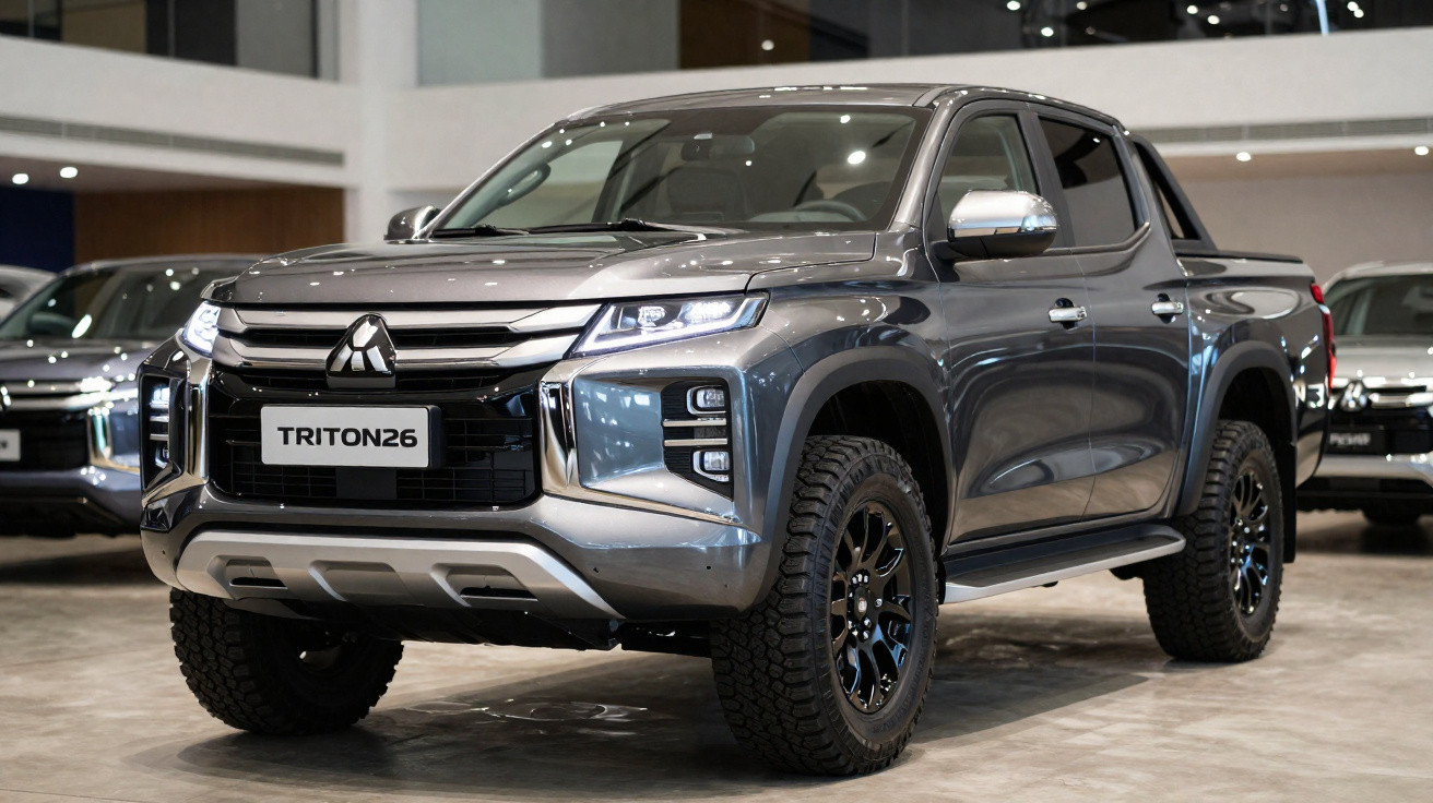 Pick-up Mitsubishi Triton 26 cinza metálico exposta em concessionária moderna.