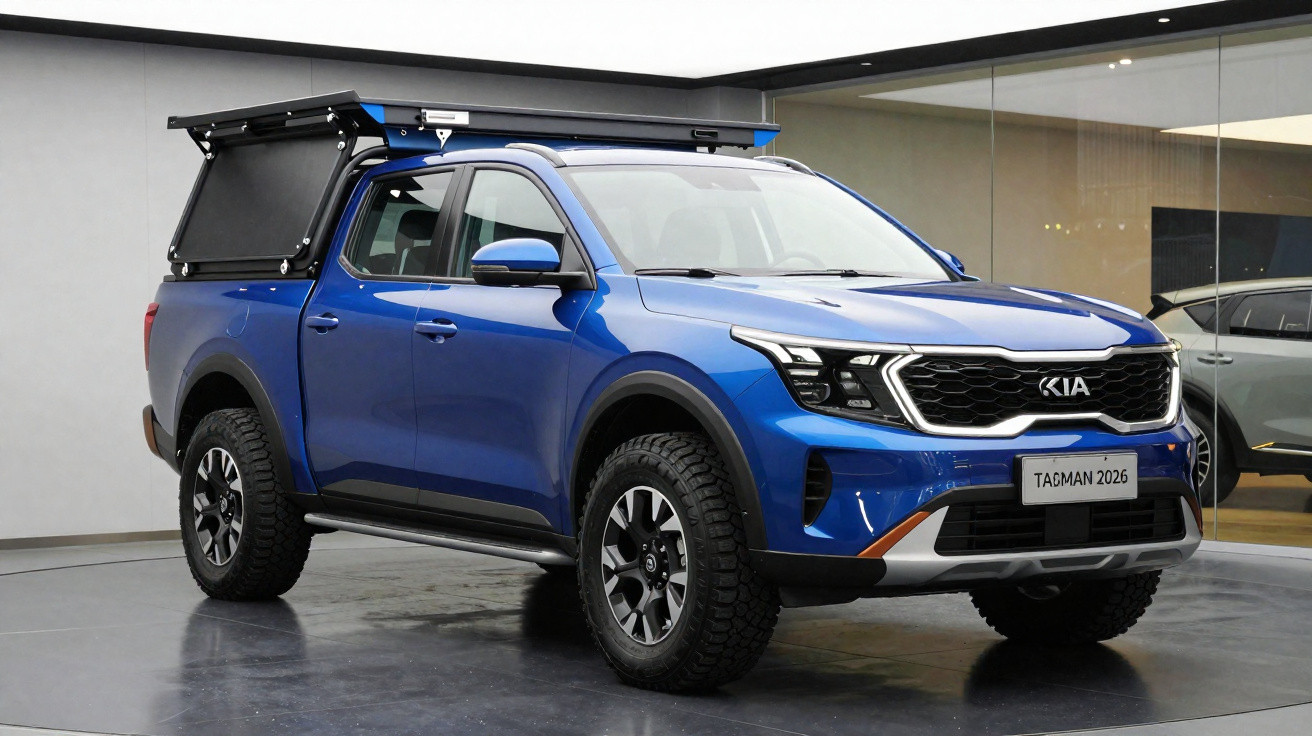 Pick-up azul Kia Tagman 2026 com capota modular preta e pneus off-road em área interna.