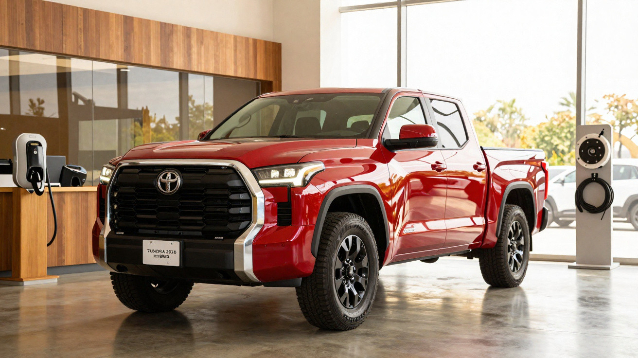 Pick-up Toyota Tundra 2024 híbrida vermelha estacionada numa garagem moderna com posto de carregamento elétrico.