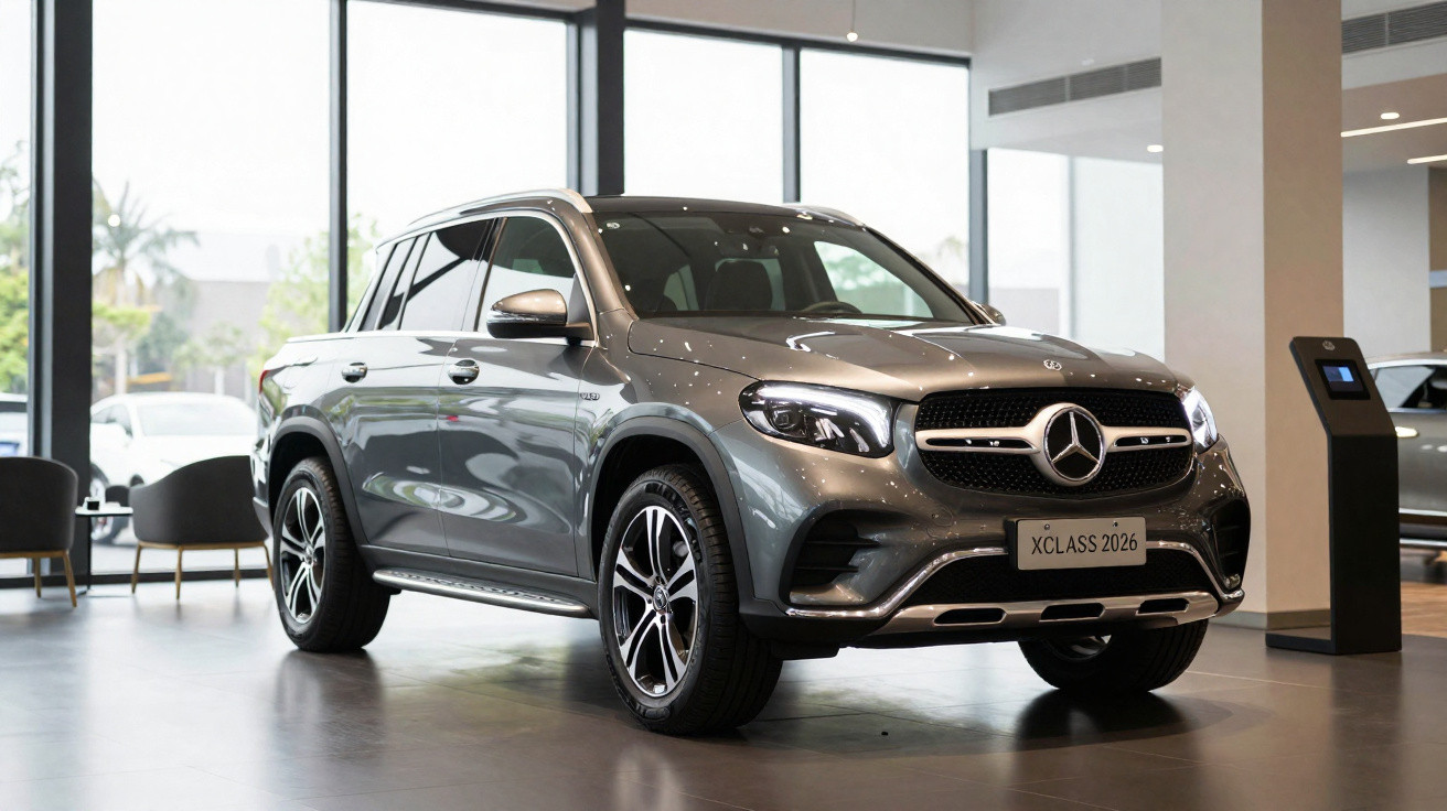 Carro Mercedes-Benz X-Class 2026 cinzento exposto numa sala de showroom moderna.