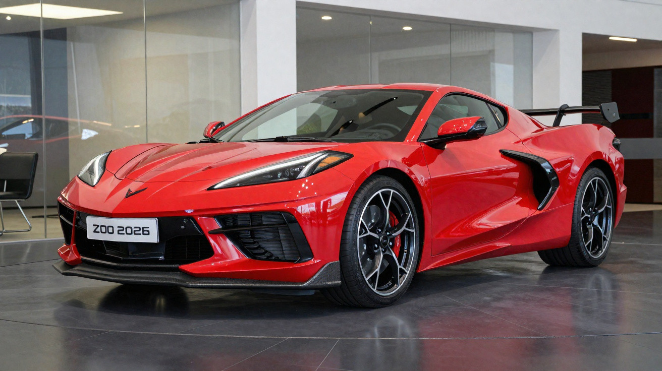 Carro desportivo vermelho com design aerodinâmico exposto em salão moderno.