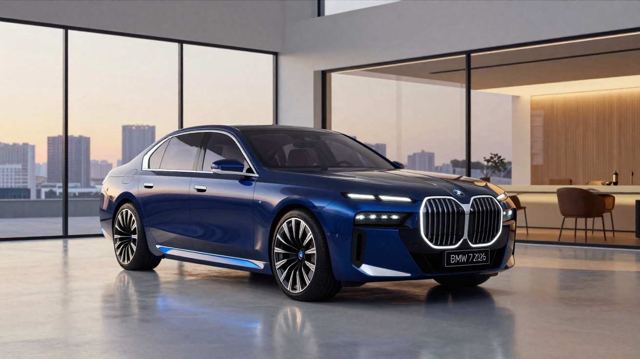 Carro BMW 7 Série azul estacionado em garagem moderna com grandes janelas e vista urbana ao entardecer.