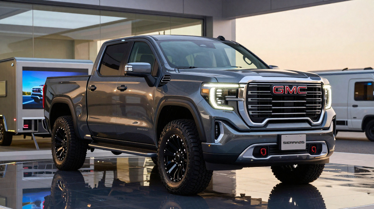 Picape GMC Sierra cinzenta estacionada em ambiente urbano com luzes dianteiras acesas.