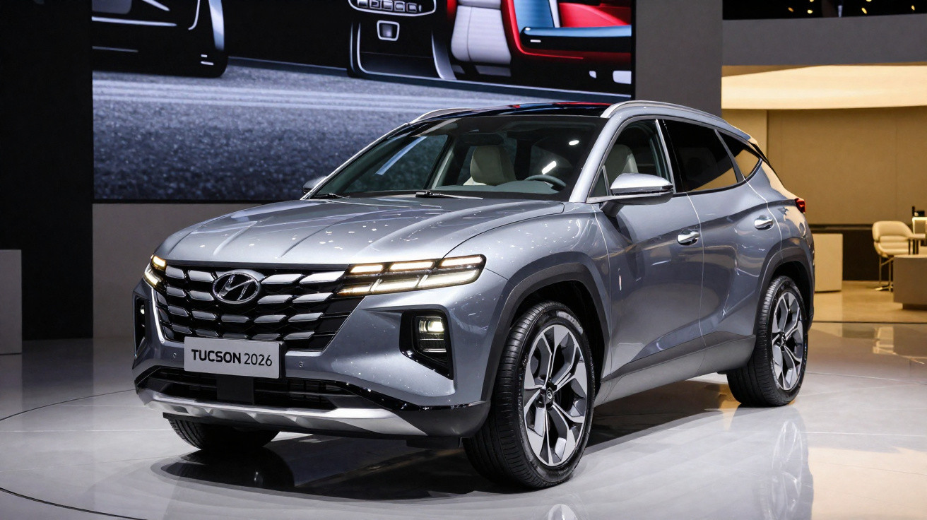 SUV Hyundai Tucson 2026 prateado exposto em salão automóvel com luzes acesas e design moderno.