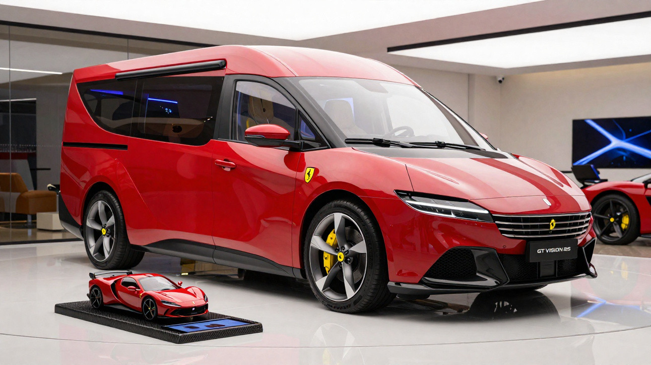 Monovolume Ferrari GT Vision 205 em vermelho exposto em showroom, com modelo em miniatura à sua frente.