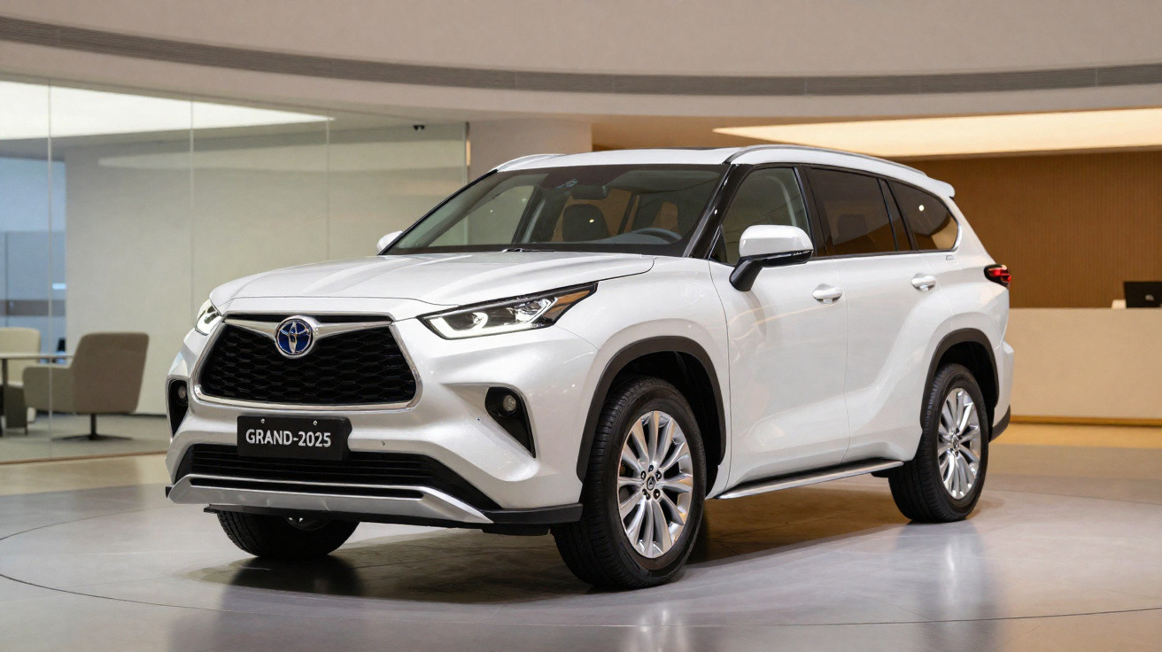 SUV Toyota branco modelo Grand-2025, estacionado em interior moderno e bem iluminado.