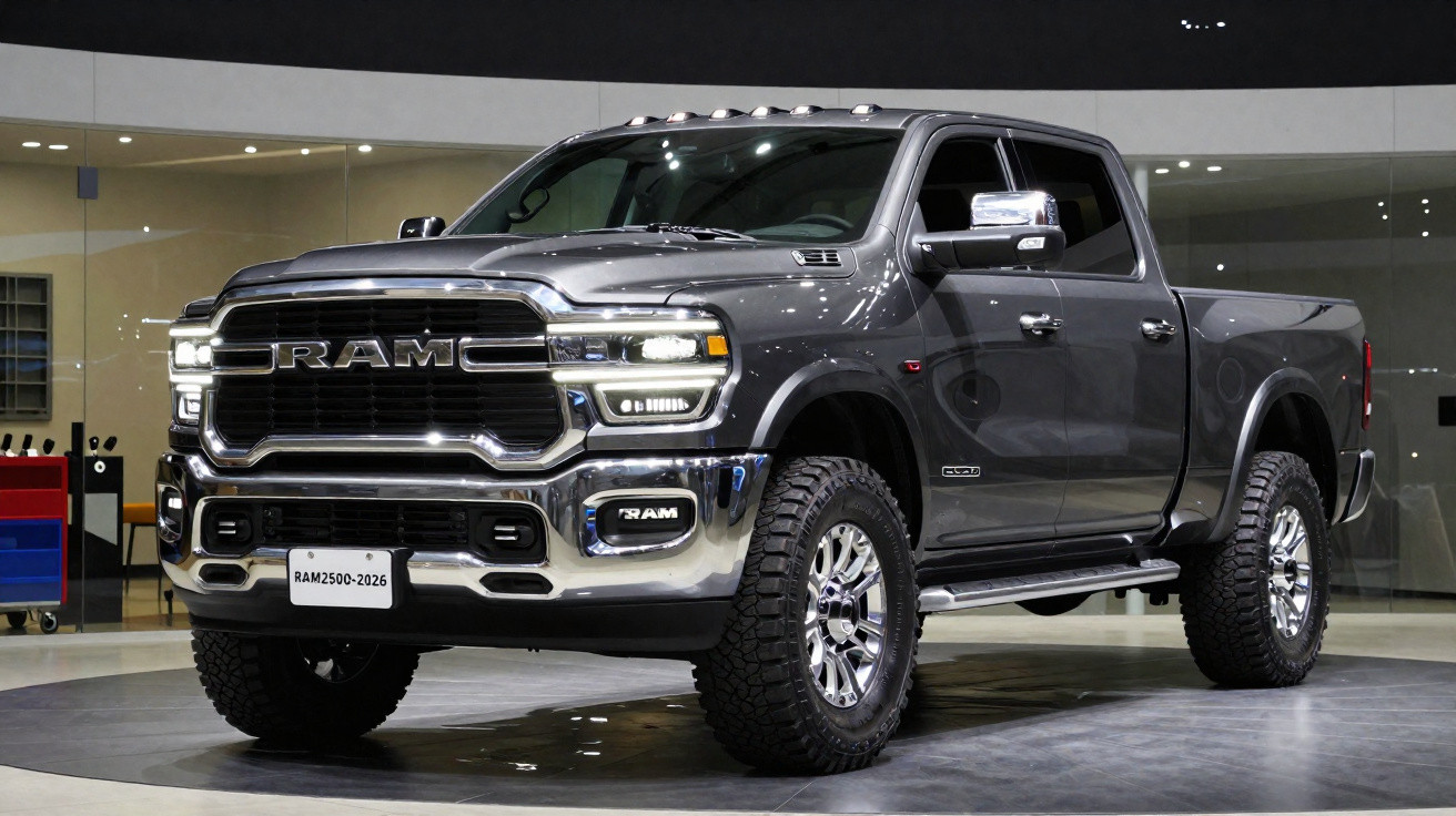 Pick-up RAM 2500 2026 cinza escuro estacionada em exposição automóvel interior.