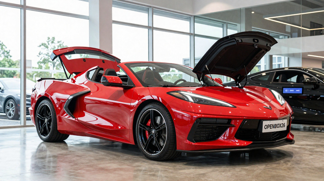 Carro desportivo vermelho com portas e capot abertos em showroom moderno e luminoso.
