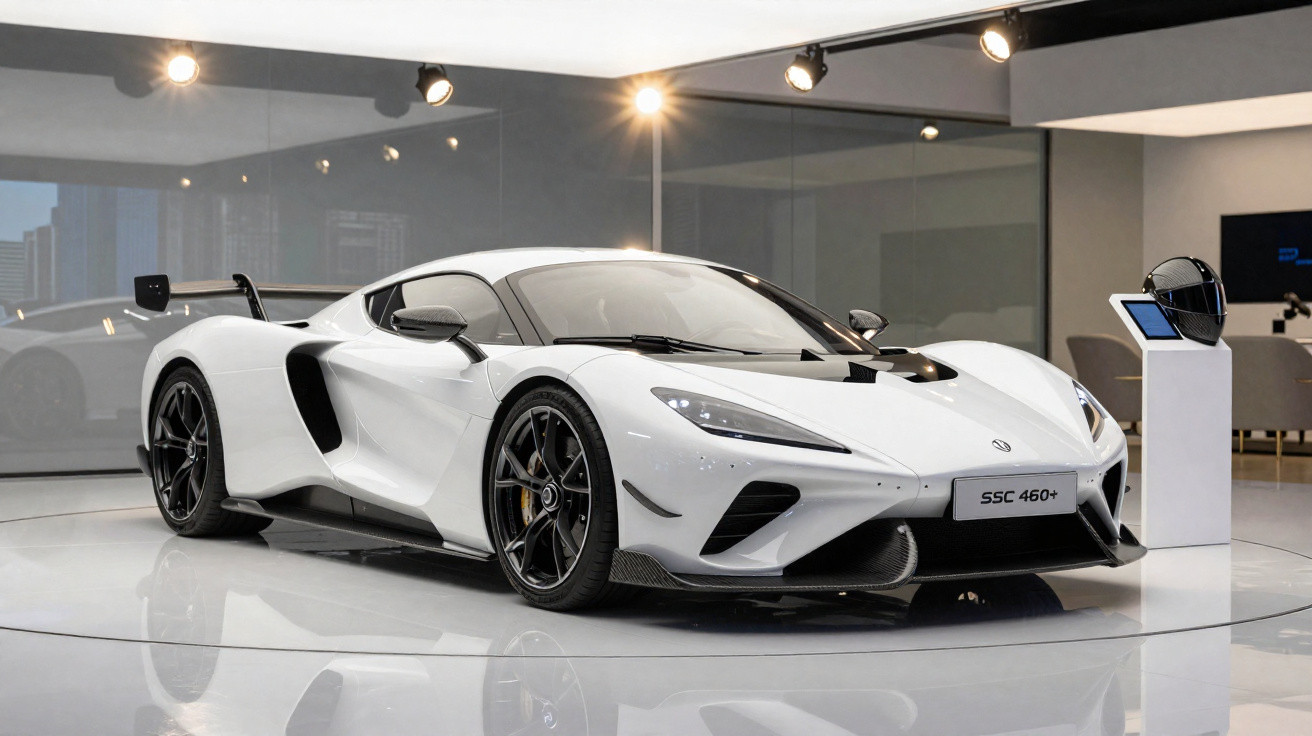 Carro desportivo branco SSC 460+ em exposição num salão moderno com iluminação focada.